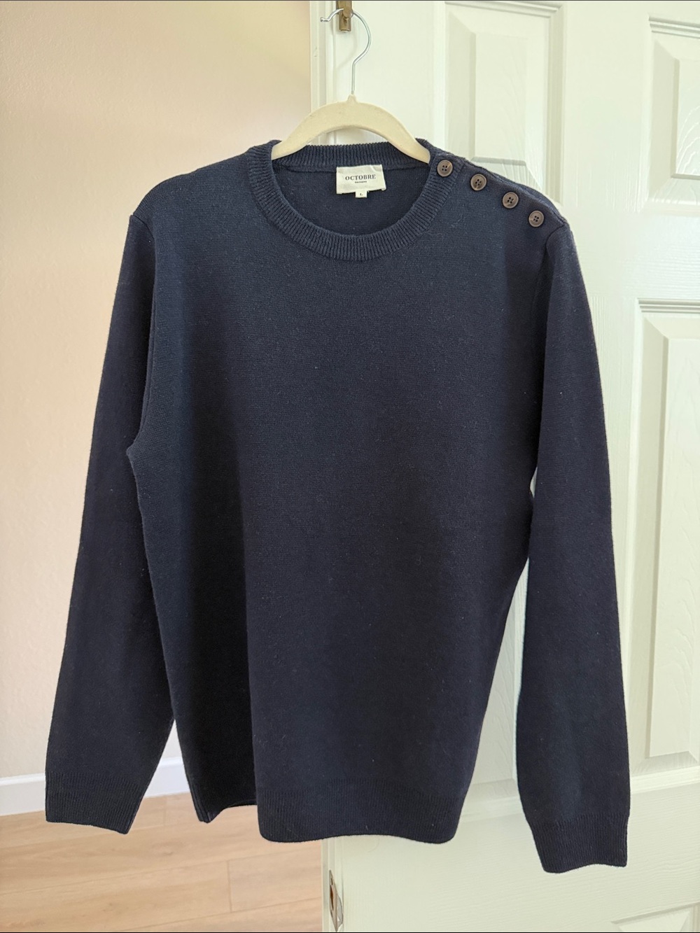 Men's Navy Crewneck Sweater with Shoulder Buttons